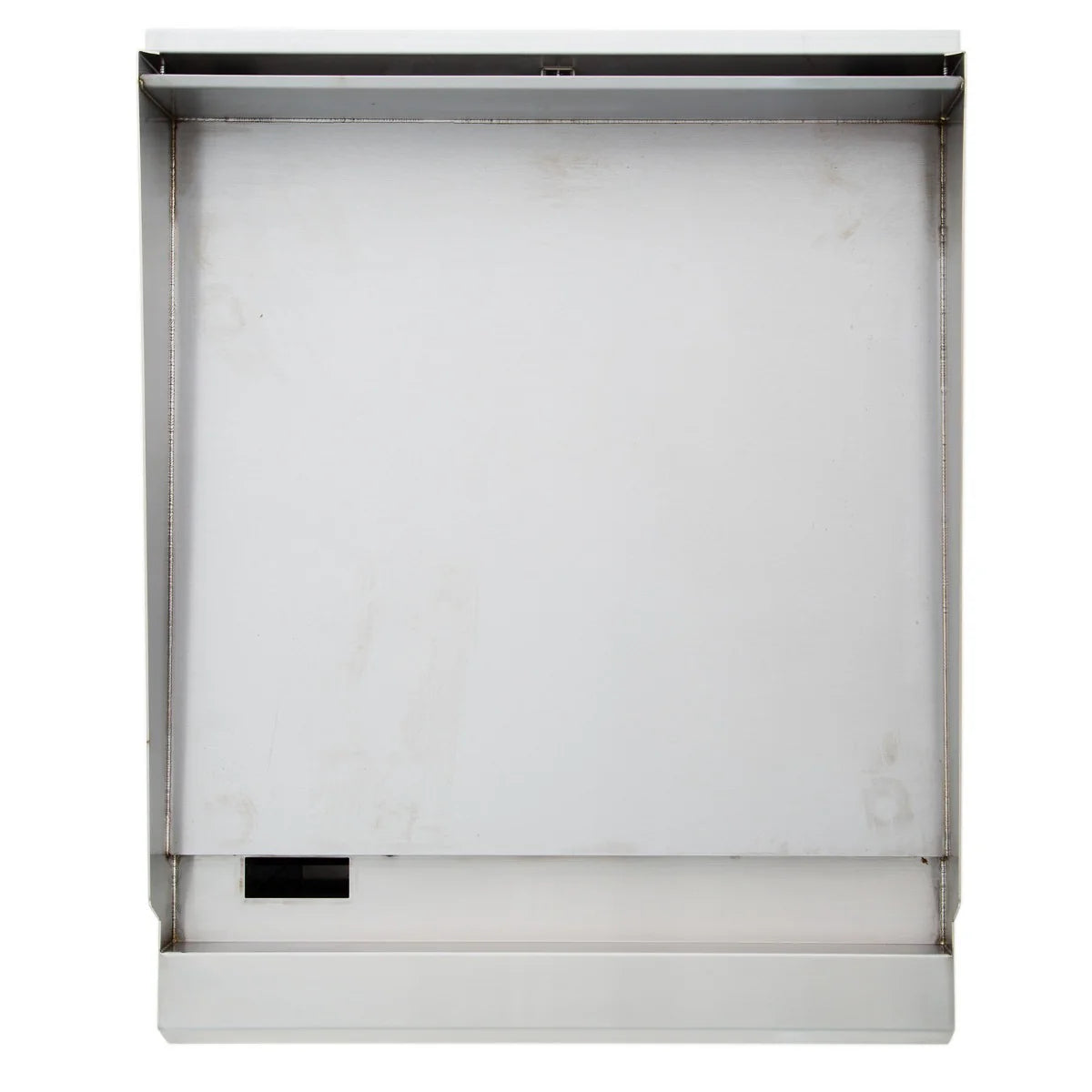 A rectangular stainless steel wall-mounted range hood with a flat, plain front surface, slightly raised edges, and a black rectangular vent near the bottom left—perfect for pairing with your heavy duty gas griddle in any modern kitchen.