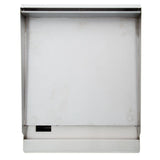 A rectangular stainless steel wall-mounted range hood with a flat, plain front surface, slightly raised edges, and a black rectangular vent near the bottom left—perfect for pairing with your heavy duty gas griddle in any modern kitchen.