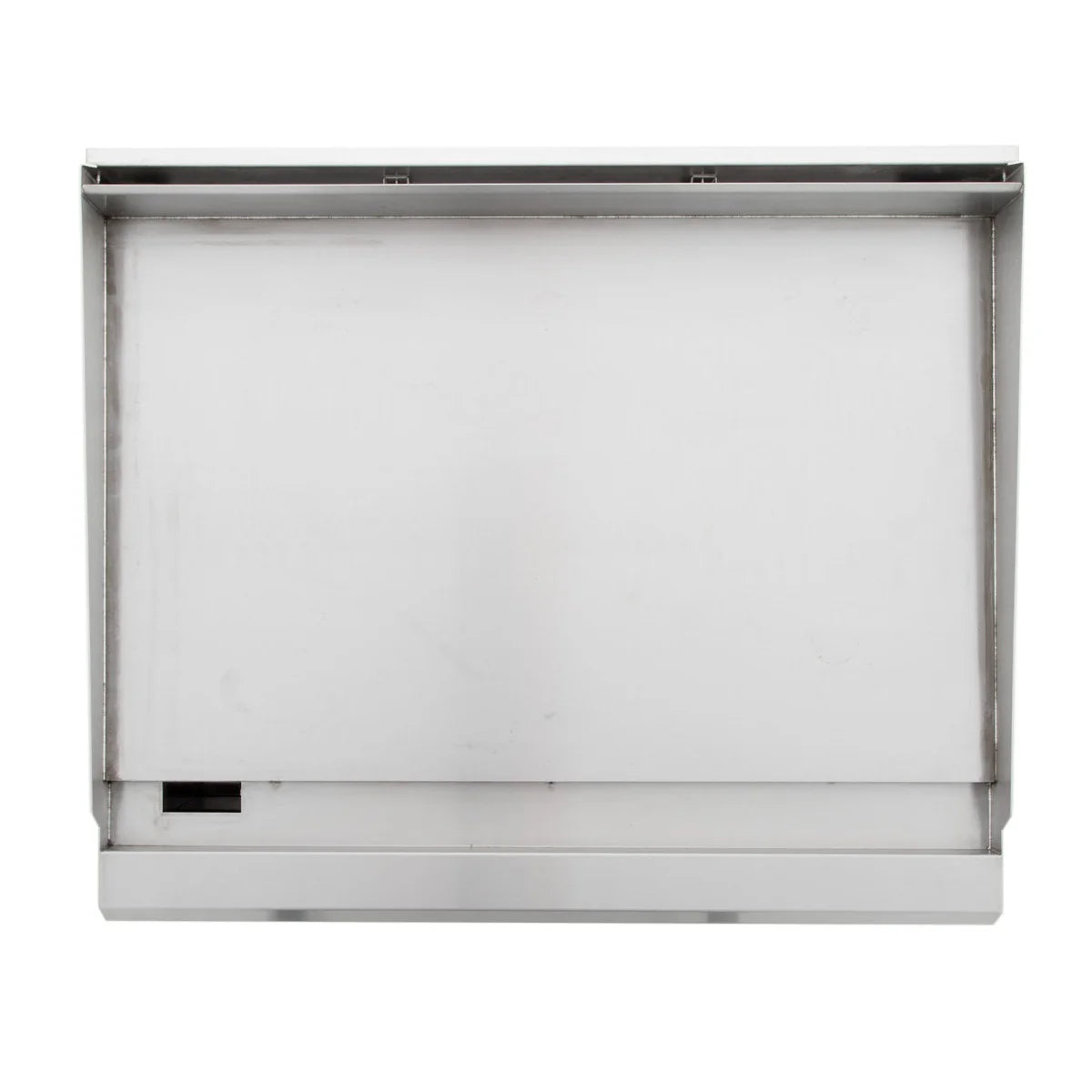 A rectangular stainless steel box viewed from the front, featuring a flat, smooth surface with a thin horizontal slot near the bottom left corner and a ledge along the bottom edge—reminiscent of an Empura EMG-36 Heavy Duty Gas Griddle.