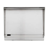 A rectangular stainless steel box viewed from the front, featuring a flat, smooth surface with a thin horizontal slot near the bottom left corner and a ledge along the bottom edge—reminiscent of an Empura EMG-36 Heavy Duty Gas Griddle.