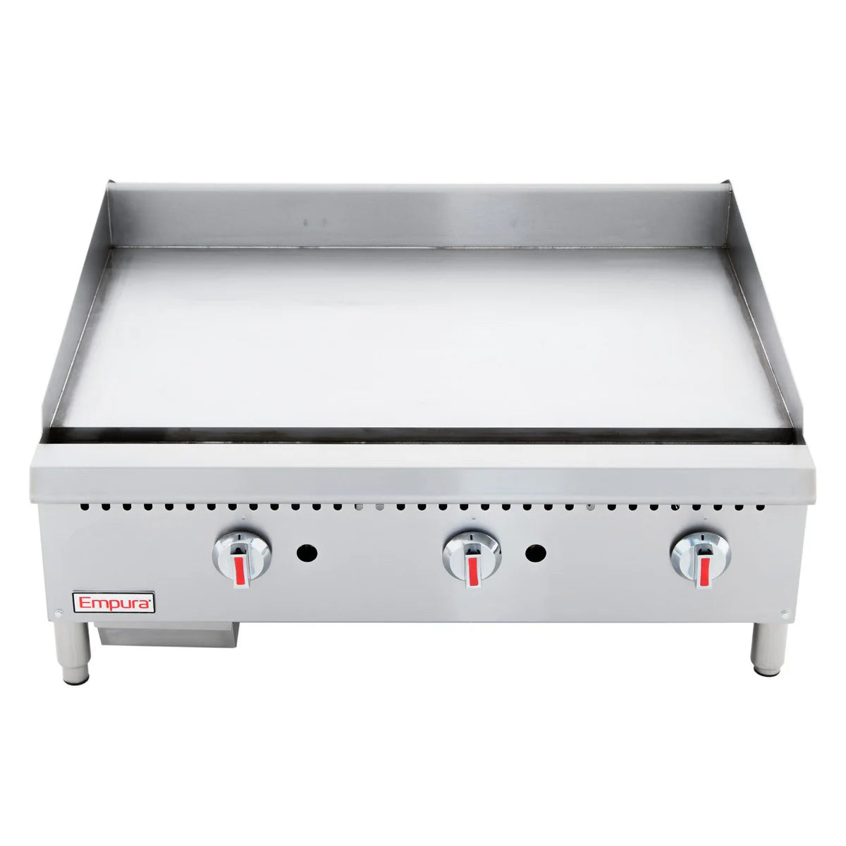 The Empura EMG-36 is a Heavy Duty Gas Griddle featuring a stainless steel flat-top, three control knobs with red markers, sturdy legs, and raised edges. This countertop gas griddle displays the Empura brand on the lower left corner.
