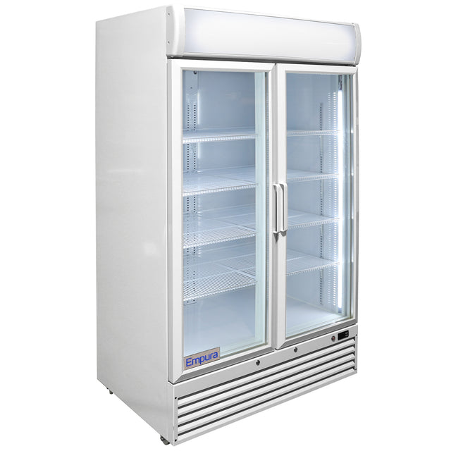A commercial Empura Refrigeration upright refrigerated merchandiser with two sliding glass doors, interior shelves, and bright LED lighting. The white exterior features the Empura brand at the bottom. The fridge is empty and stands on small legs.