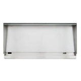 A rectangular stainless steel wall shelf with a raised back and sides, viewed from above. Ideal for organizing a commercial gas griddle setup, the smooth shelf features a slightly raised front edge and two small cutouts. The background is plain white.