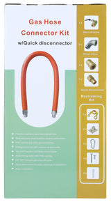 An Empura 36 mobile gas connector hose kit box features a yellow and white design with an orange hose and images of six parts, including a shut-off valve. Highlights include flexibility, PVC coating, and easy installation.
