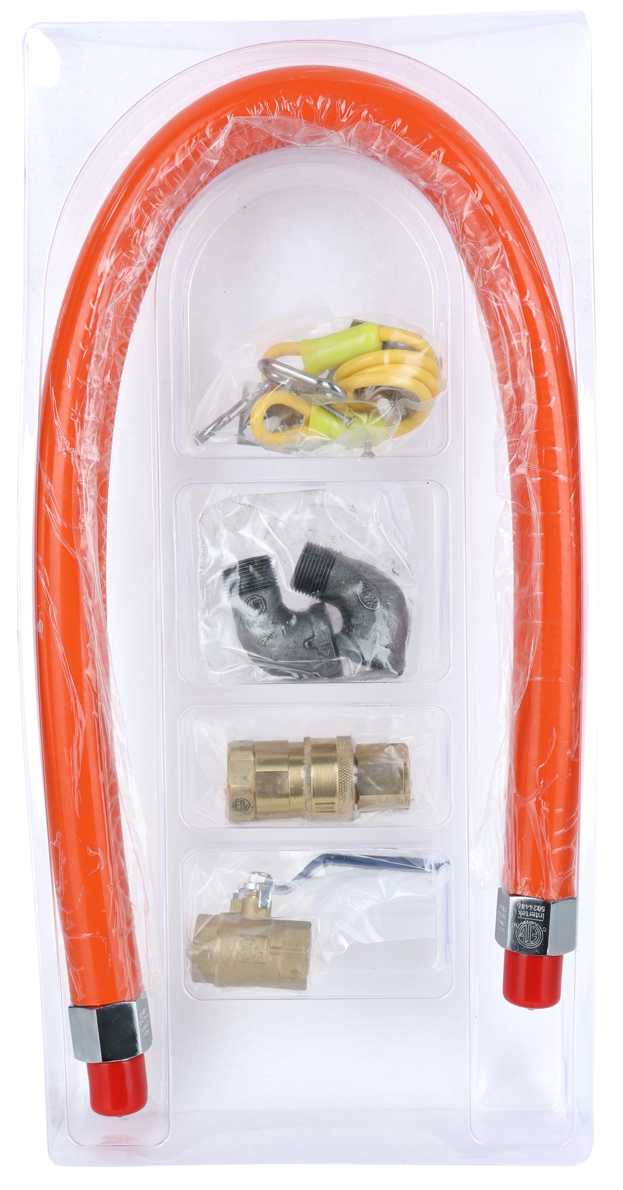 The Empura gas connector hose kit includes an orange flexible 36 mobile gas connector with metal ends, electrical wires with clips, a metal fitting, brass valve, and small tool, all organized in separate compartments inside the clear packaging.