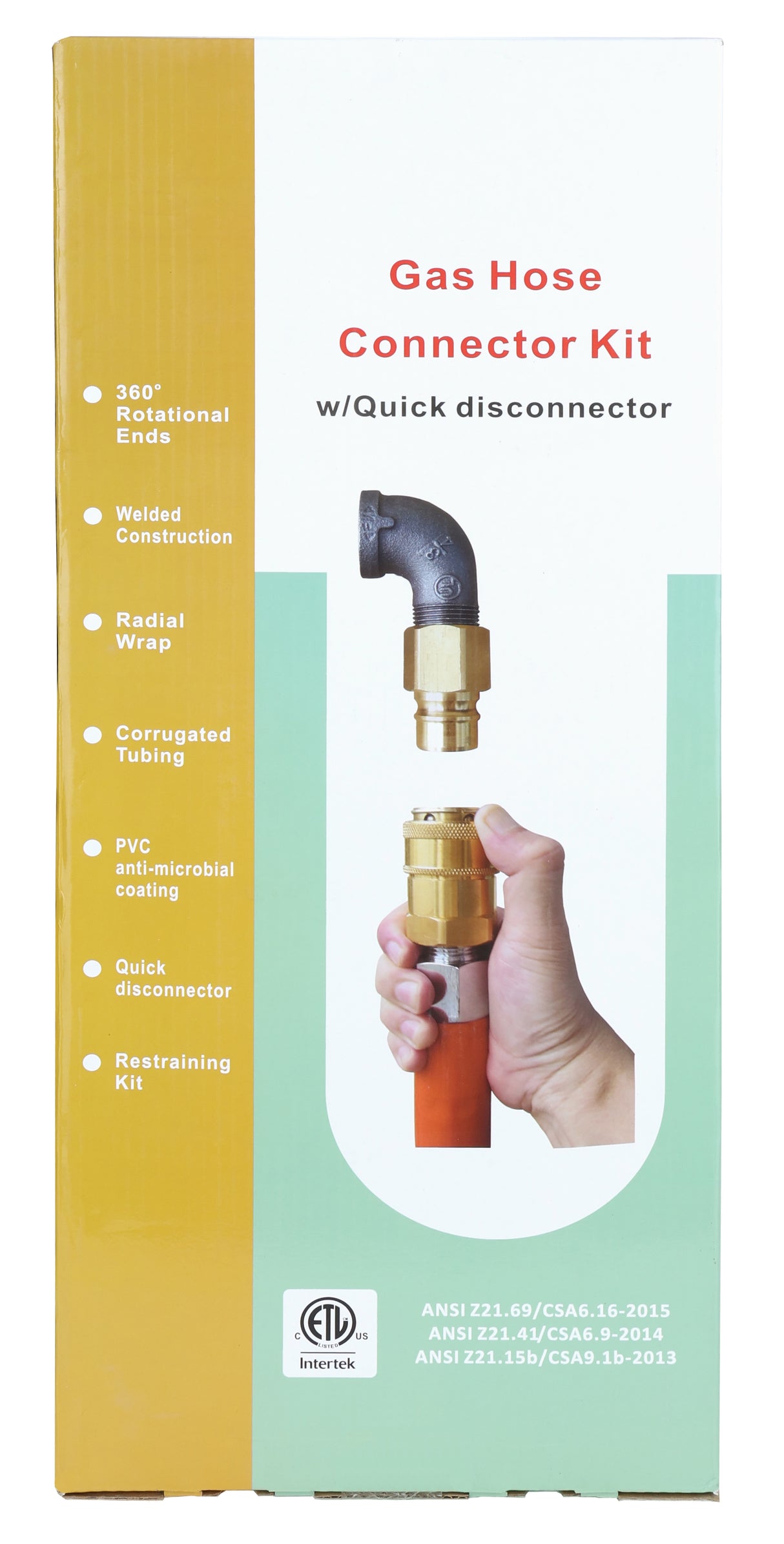 A product box for a Gas Connector Hose Kit features a hand holding the kit. The box highlights its 48 gas hose, 360° rotational ends, quick disconnector, and corrugated tubing. ANSI standards and certification logos appear at the bottom.