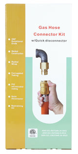 A product box for a Gas Connector Hose Kit features a hand holding the kit. The box highlights its 48 gas hose, 360° rotational ends, quick disconnector, and corrugated tubing. ANSI standards and certification logos appear at the bottom.