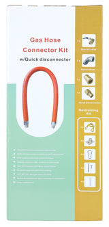 A product box for a 48 Gas Hose Connector Kit with Quick Disconnector. The box shows an orange hose and images of included parts: shut off valve, street elbow, quick disconnector, plus restraining kit. Features and contents are listed on the left side.