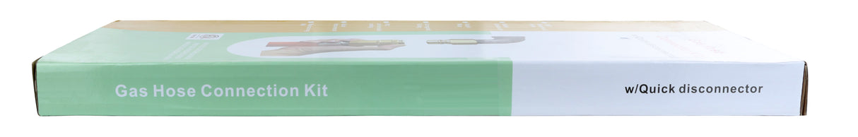 A rectangular box labeled Gas Hose Connection Kit w/ Quick disconnecter in white text on a green and white background; partial image of hands connecting a Mobile Gas Connector or 48 Gas Hose is visible on the top of the box.