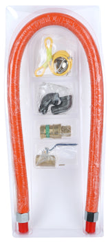 A Gas Connector Hose Kit featuring a 48 gas hose with metal connectors. The clear package includes yellow sealing tape, a brass valve, regulator, and extra fittings—everything organized for your mobile gas connector needs.