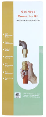 A product box labeled Gas Connector Hose Kit w/Quick disconnector shows a hand holding an orange hose connected to a metal and brass fitting. The box lists features, includes certification logos, and the background is yellow and teal.