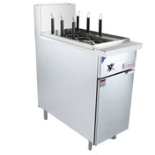 A stainless steel Empura pasta cooker with liquid propane compatibility features four black-handled baskets, a right-side control panel, lower cabinet, rear backsplash, and stands on four legs.