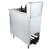 A commercial stainless steel hot dog steamer with an open compartment below, upright handles on top, and perforated trays for steaming. Similar to a pasta cooker, it stands on four legs with visible controls and natural gas pipes at the bottom rear.