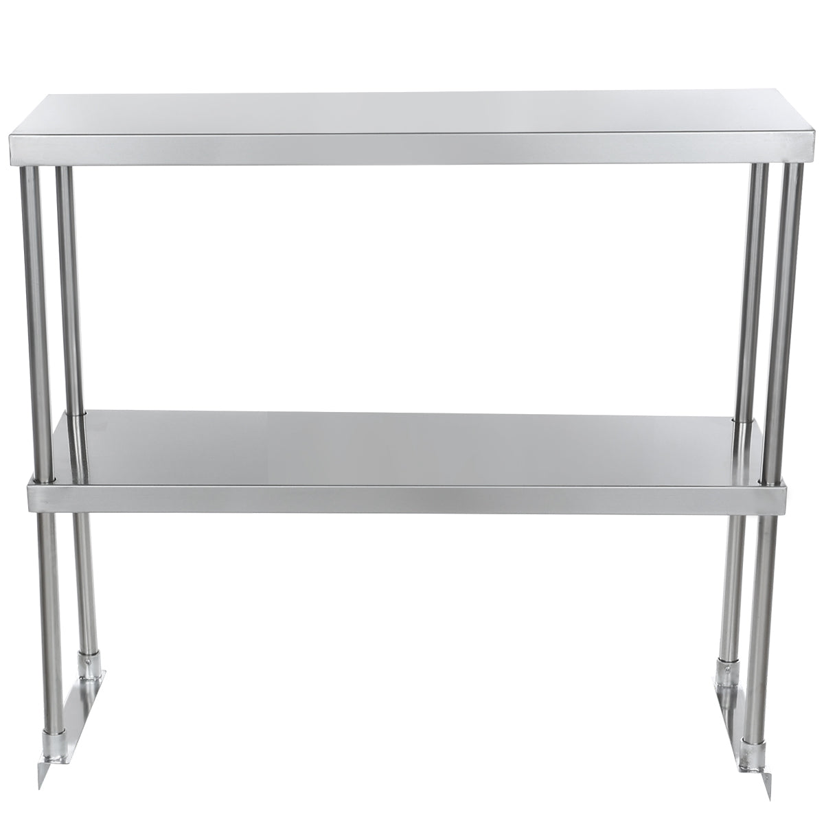 A stainless steel table with a smooth rectangular top, four cylindrical legs, and a flat lower shelf for additional storage. Its industrial, minimalist design can be enhanced with an optional table-mounted overshelf for even more organization.