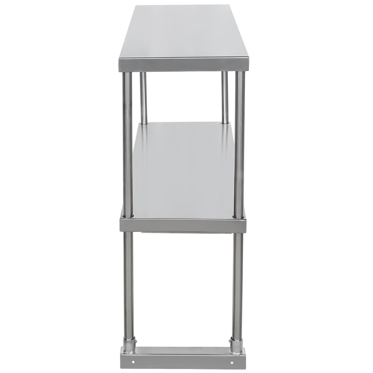 Side view of a stainless steel work table with two shelves and an optional overshelf. The table has a smooth top surface, four metal legs, and a lower shelf for extra storage—perfect for industrial kitchens or workspaces.