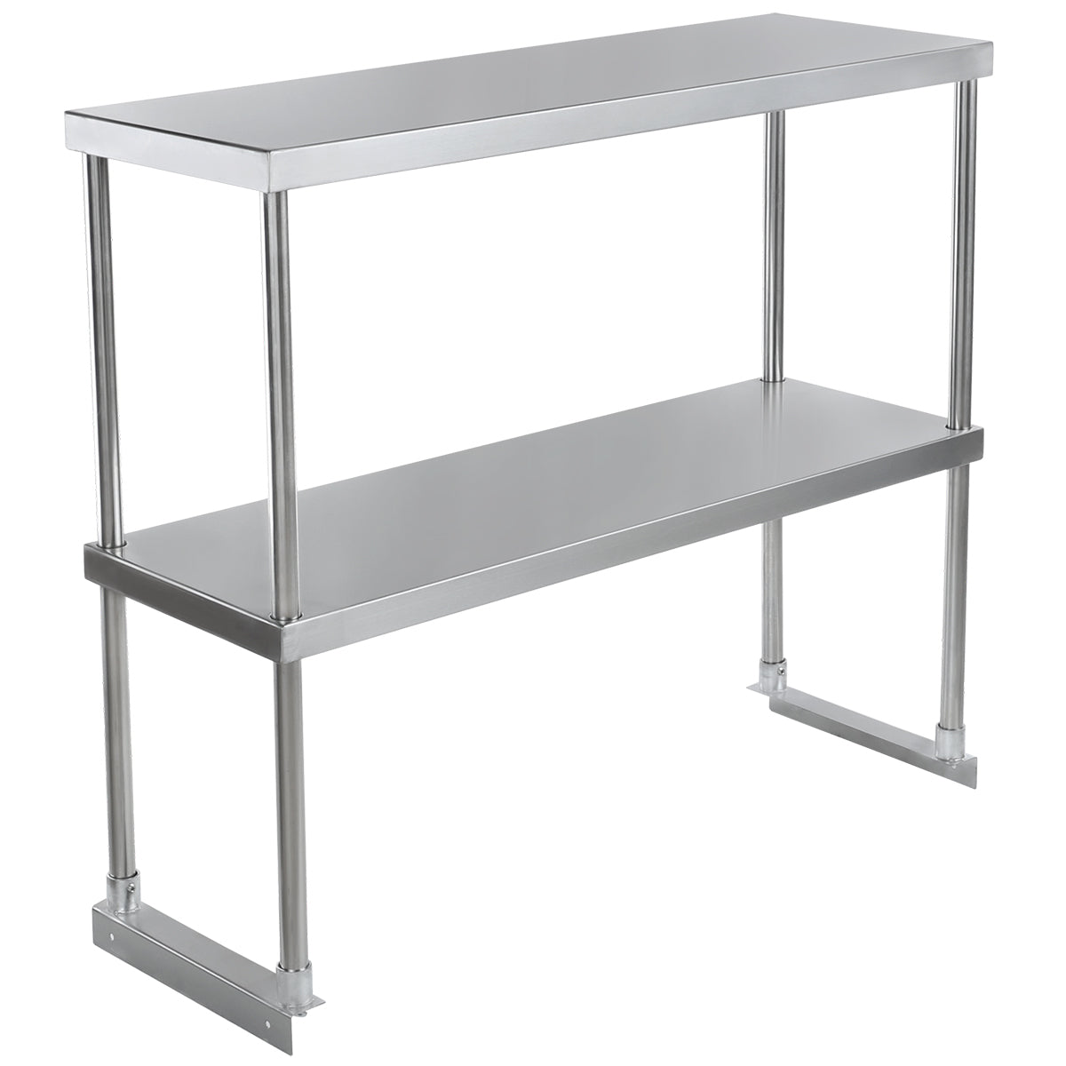 A two-tier stainless steel overshelf with rectangular shelves supported by cylindrical metal legs. The lower shelf is attached to vertical supports, and the open design allows storage or workspace underneath. The smooth, reflective surface adds a sleek touch.