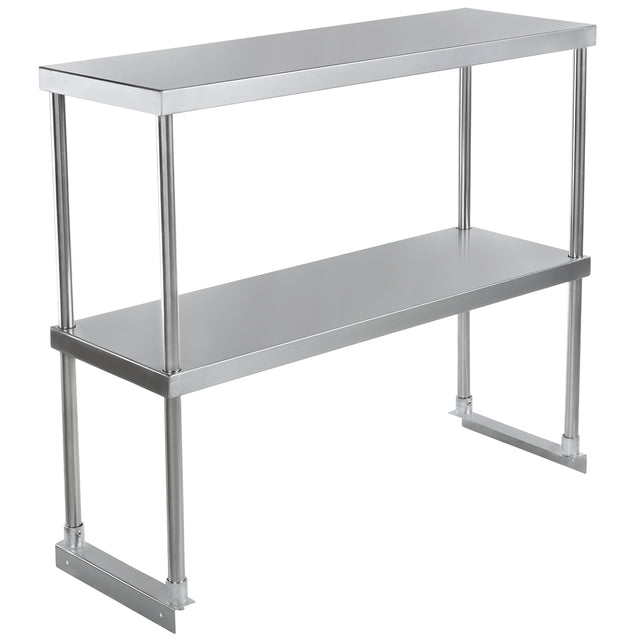 A two-tier stainless steel overshelf with rectangular shelves supported by cylindrical metal legs. The lower shelf is attached to vertical supports, and the open design allows storage or workspace underneath. The smooth, reflective surface adds a sleek touch.
