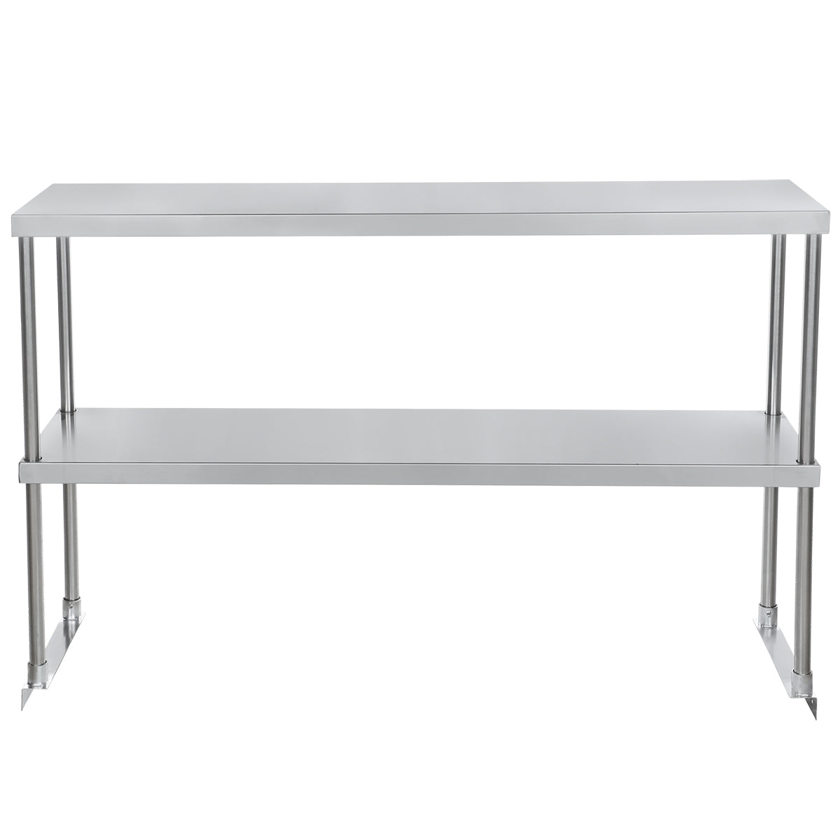 A stainless steel table with an upper flat surface, lower shelf, and sturdy cylindrical legs. Its simple, industrial design is enhanced by a table-mounted overshelf, making it perfect for kitchens or workspaces. The background is plain white.
