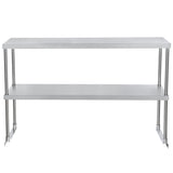 A stainless steel table with an upper flat surface, lower shelf, and sturdy cylindrical legs. Its simple, industrial design is enhanced by a table-mounted overshelf, making it perfect for kitchens or workspaces. The background is plain white.