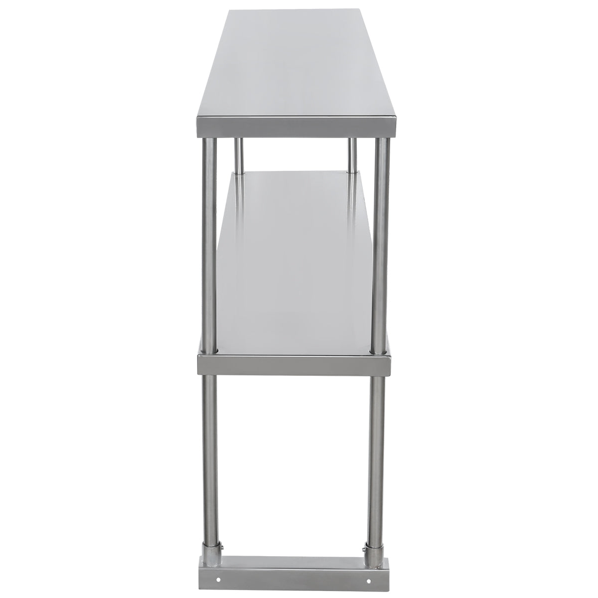 A stainless steel table viewed from the side, featuring a rectangular top, undershelf, and four cylindrical legs with a crossbar at the base. Its smooth, reflective surfaces and table-mounted overshelf highlight the simple, industrial design.