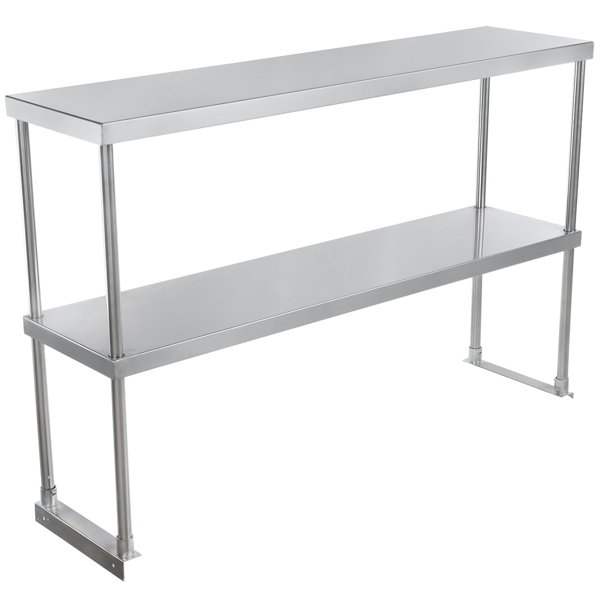 A table-mounted, stainless steel double-tier overshelf features two flat rectangular shelves supported by four cylindrical legs, providing extra storage space commonly used in commercial kitchens for organizing supplies or equipment.