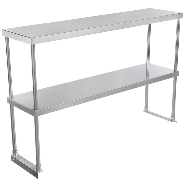 A table-mounted, stainless steel double-tier overshelf features two flat rectangular shelves supported by four cylindrical legs, providing extra storage space commonly used in commercial kitchens for organizing supplies or equipment.