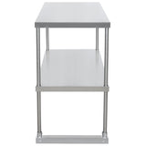 A stainless steel table with NSF certification is viewed from the short end, featuring two flat shelves supported by four cylindrical legs, an open space between the upper and lower shelf, and a simple, industrial design.