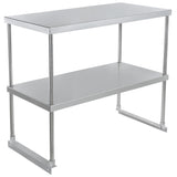 A stainless steel work table with a flat top, four cylindrical legs, a lower shelf for storage, and an NSF certification. Its simple, industrial design features a shiny metallic finish and open sides, ideal for kitchens or workshops.