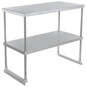 A stainless steel work table with a flat top, four cylindrical legs, a lower shelf for storage, and an NSF certification. Its simple, industrial design features a shiny metallic finish and open sides, ideal for kitchens or workshops.