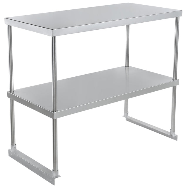 A stainless steel work table with a flat top, four cylindrical legs, a lower shelf for storage, and an NSF certification. Its simple, industrial design features a shiny metallic finish and open sides, ideal for kitchens or workshops.