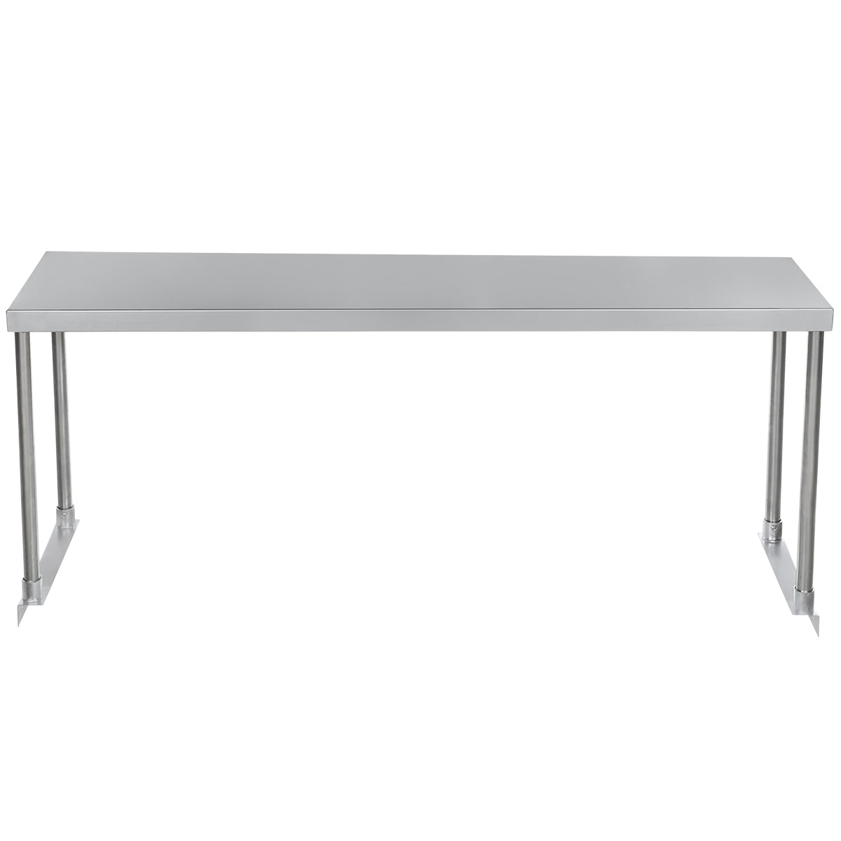 A rectangular stainless steel table with a smooth surface and four cylindrical legs, set against a plain white background. This sturdy, functional table features an industrial design with no drawers or shelves and can be easily fitted with a table-mounted overshelf.