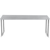 A rectangular stainless steel table with a smooth surface and four cylindrical legs, set against a plain white background. This sturdy, functional table features an industrial design with no drawers or shelves and can be easily fitted with a table-mounted overshelf.