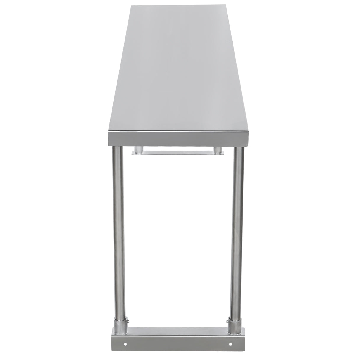 A front view of a long, rectangular stainless steel table with a flat top, four cylindrical metal legs, and a support bar near the base. The simple, industrial design is suitable for kitchens or workspaces and can accommodate a table-mounted overshelf.