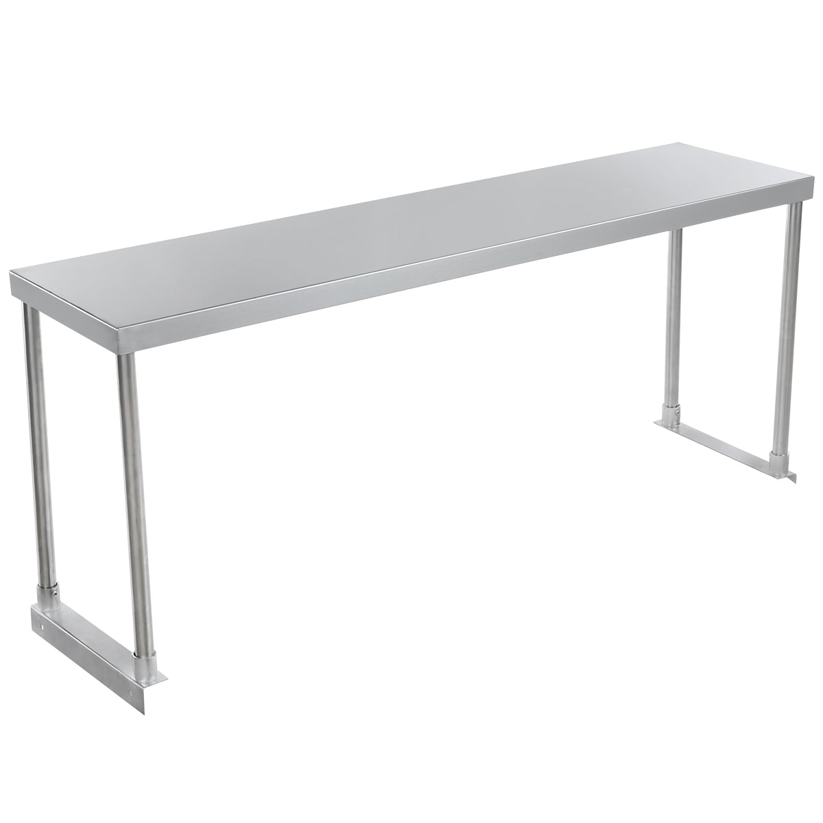 A long, rectangular stainless steel table with a smooth, flat surface and four cylindrical legs. The minimalist design features no visible drawers or shelves, while the metal construction and optional table-mounted overshelf add to its modern, industrial appeal.