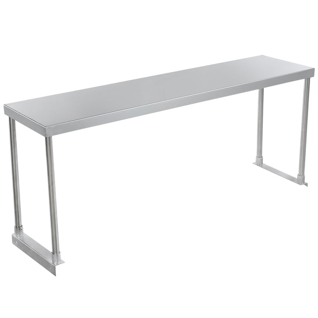 A long, rectangular stainless steel table with a smooth, flat surface and four cylindrical legs. The minimalist design features no visible drawers or shelves, while the metal construction and optional table-mounted overshelf add to its modern, industrial appeal.