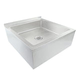 A large, square stainless steel mop sink with a flat rim, smooth surfaces, and a central circular drain with holes. This deep, sturdy NSF mop sink is ideal for industrial or commercial use and features a slight backsplash along the back edge.