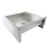 A stainless steel mop sink with high side and back walls, open front, and a central circular drain with perforated cover. This industrial NSF mop sink is ideal for heavy-duty use in commercial or utility settings.