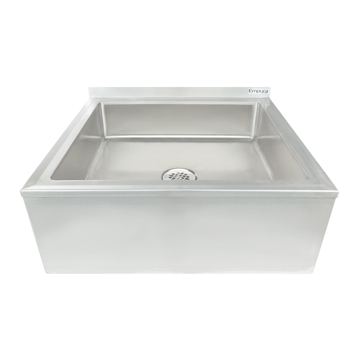 A large, stainless steel mop sink with a rectangular basin, flat edges, and a center drain. The back features a short backsplash with the “Empura” brand name, while the front has a smooth surface—ideal as an NSF mop sink for commercial use.