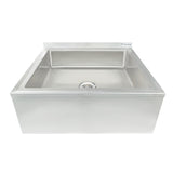 A large, stainless steel mop sink with a rectangular basin, flat edges, and a center drain. The back features a short backsplash with the “Empura” brand name, while the front has a smooth surface—ideal as an NSF mop sink for commercial use.