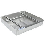 A stainless steel, square Empura Stainless steam pan with two support bars across the top. The deep pan features small drainage holes on the bottom and a blue and white Empura label on the front, shown on a plain white background.