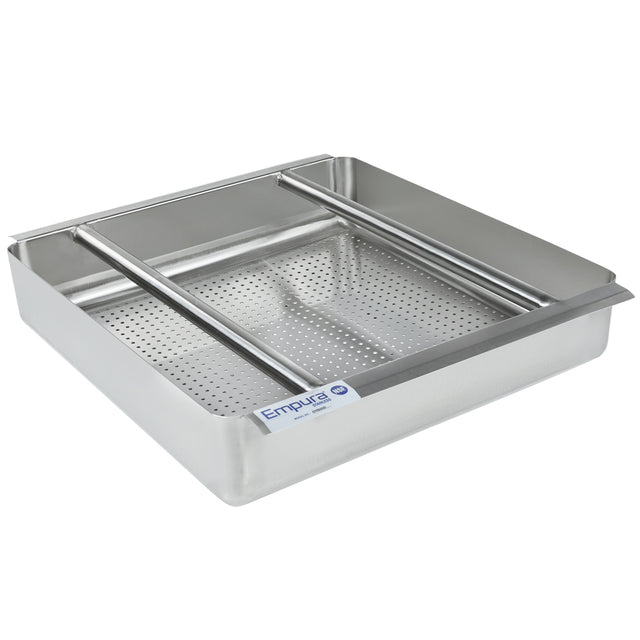 A stainless steel, square Empura Stainless steam pan with two support bars across the top. The deep pan features small drainage holes on the bottom and a blue and white Empura label on the front, shown on a plain white background.