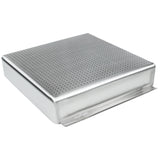 A square, Empura Stainless steel tray with perforated holes across the top surface, slightly elevated sides, and a flat rim on one edge, designed for ventilation or drainage purposes. The shiny surface makes it ideal as a pre-rinse basket.
