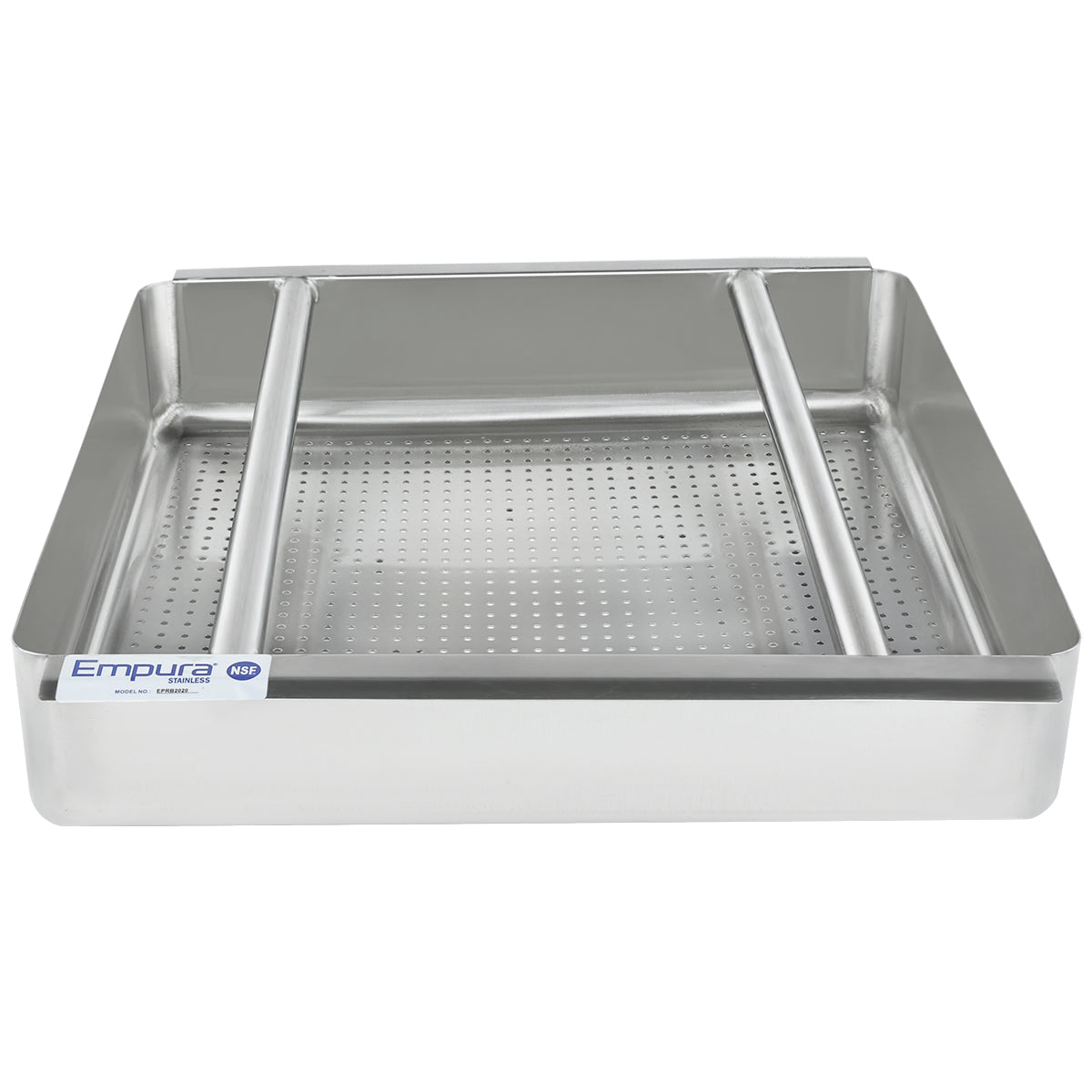 A rectangular Empura Stainless steam table pan serves as a durable pre-rinse basket, featuring perforated holes for draining and reinforced with two support bars. Its smooth finish and straight sides make it ideal for use on a soiled dish table.
