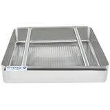 A rectangular Empura Stainless steam table pan serves as a durable pre-rinse basket, featuring perforated holes for draining and reinforced with two support bars. Its smooth finish and straight sides make it ideal for use on a soiled dish table.