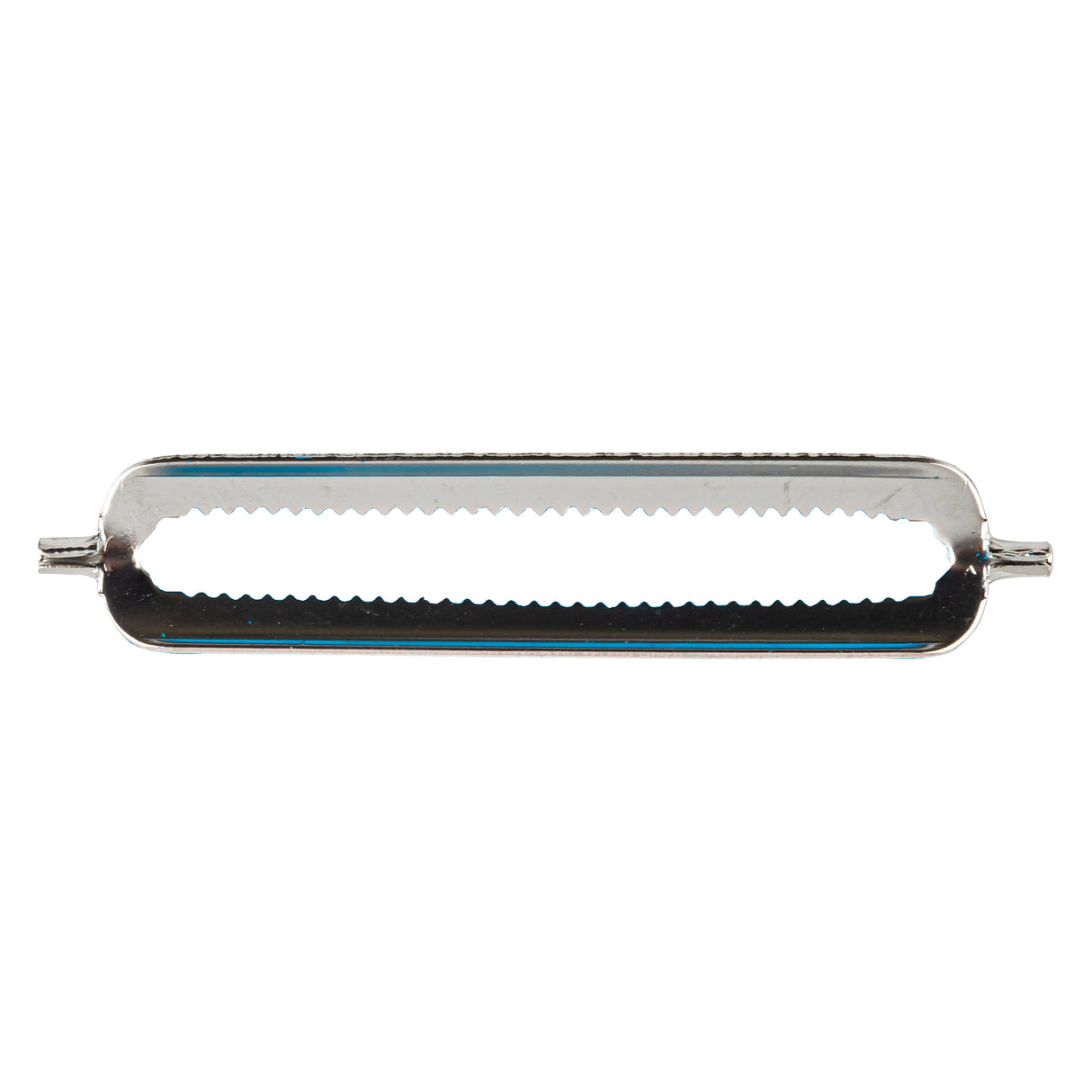 A metal peeler with a cylindrical, open body and serrated edge is viewed from the side. It features small handles at both ends for easy use when coring or peeling fruits and vegetables. The shiny surface reflects light beautifully.
