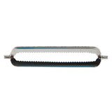 A metal peeler with a cylindrical, open body and serrated edge is viewed from the side. It features small handles at both ends for easy use when coring or peeling fruits and vegetables. The shiny surface reflects light beautifully.