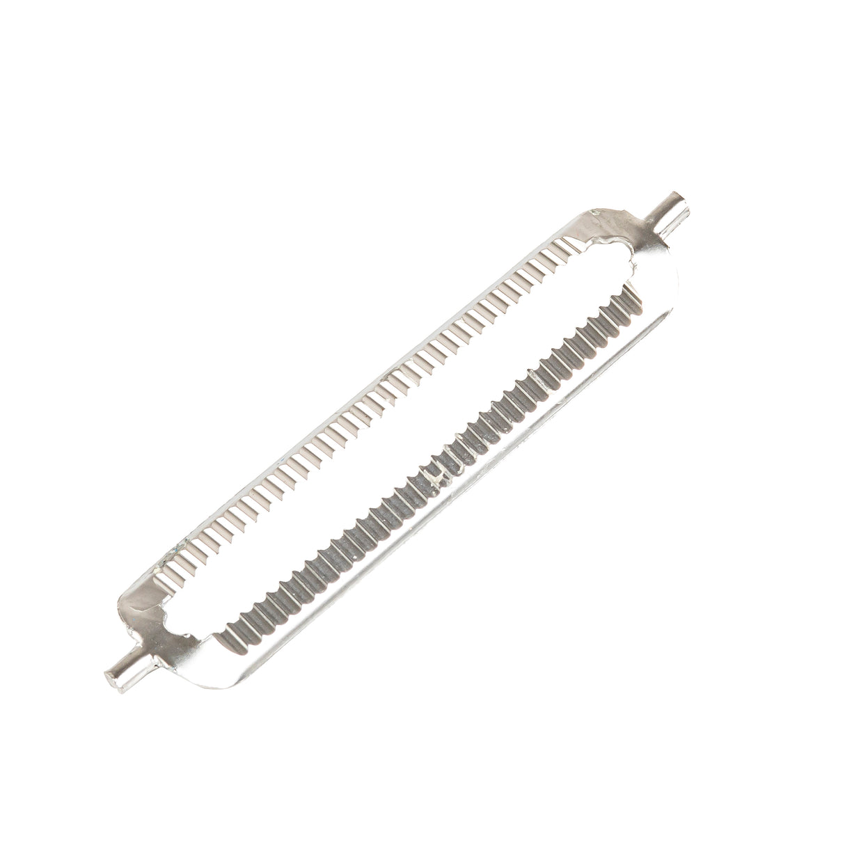 A metallic double-edged grater with a rectangular center and serrated edge, designed for zesting or grating. It has rounded ends with short cylindrical handles on both sides. The grater is isolated on a white background.