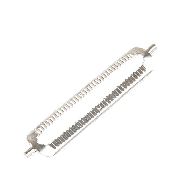 A metallic double-edged grater with a rectangular center and serrated edge, designed for zesting or grating. It has rounded ends with short cylindrical handles on both sides. The grater is isolated on a white background.