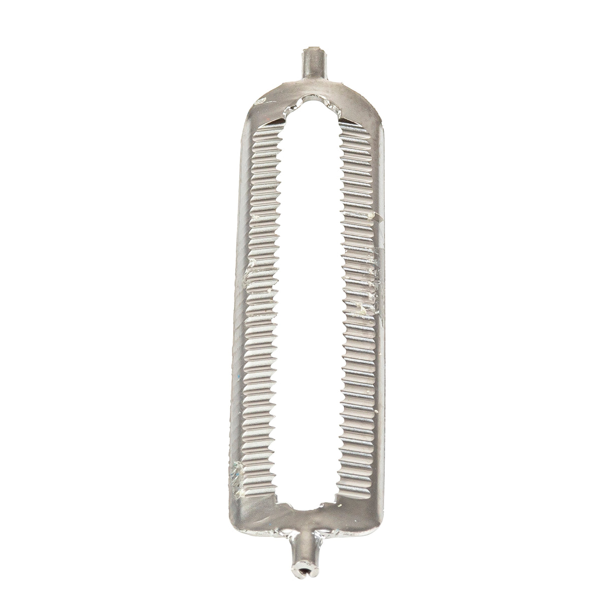 A metal tool with an oval, open center and a serrated edge forming a grater. The silver tool features two small cylindrical handles and is ideal as a handheld peeler or for shredding food ingredients efficiently.