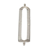 A metal tool with an oval, open center and a serrated edge forming a grater. The silver tool features two small cylindrical handles and is ideal as a handheld peeler or for shredding food ingredients efficiently.